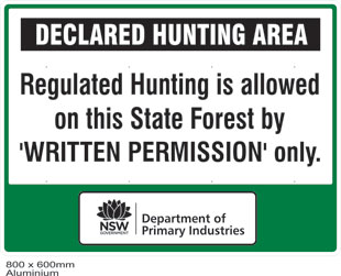 State forest declared hunting area sign