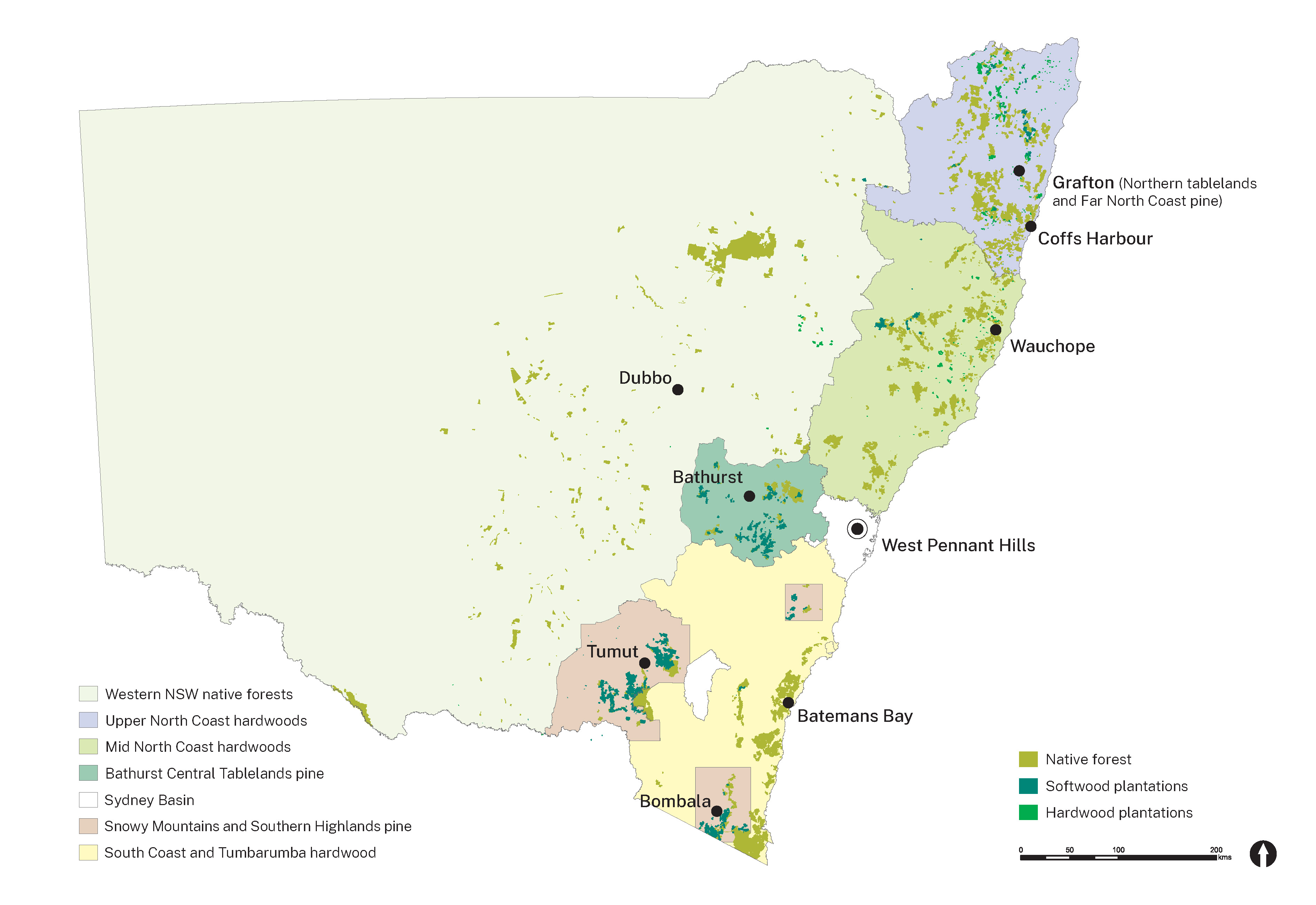 Map of NSW showing forests and Forestry Corporation offices