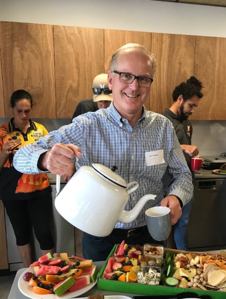 Forestry Corporation CEO Nick Roberts putting the teapot to good use at the opening of the new Coffs Harbour office